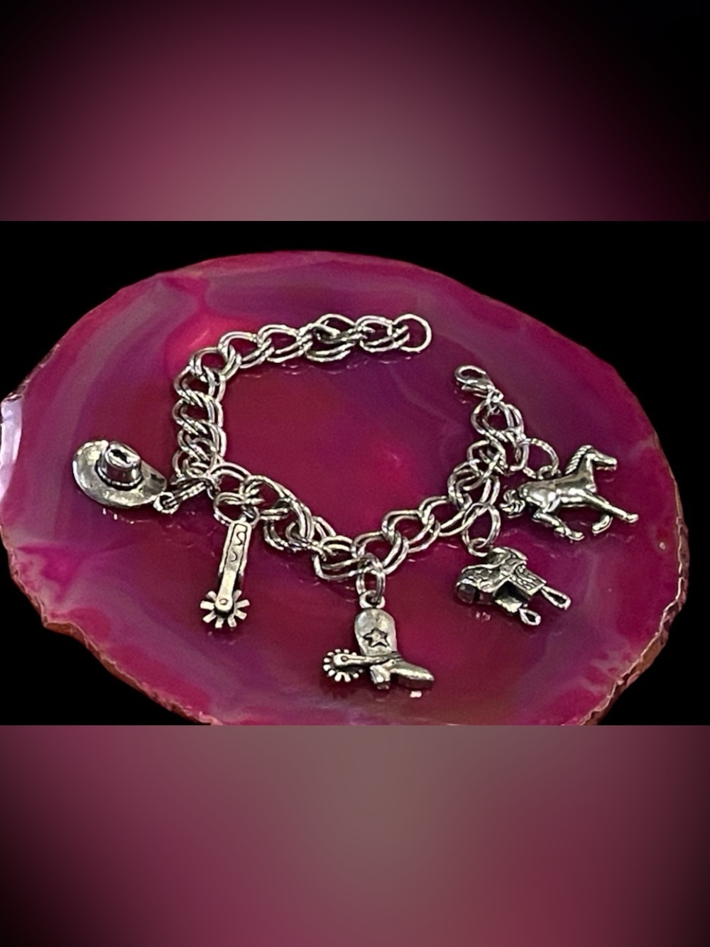 Silver Tone Equestrian Western Charm Bracelet #8989